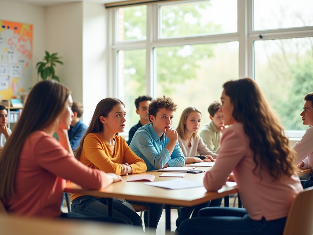 Группа студентов сосредоточенно слушает объяснения преподавателя в классе.