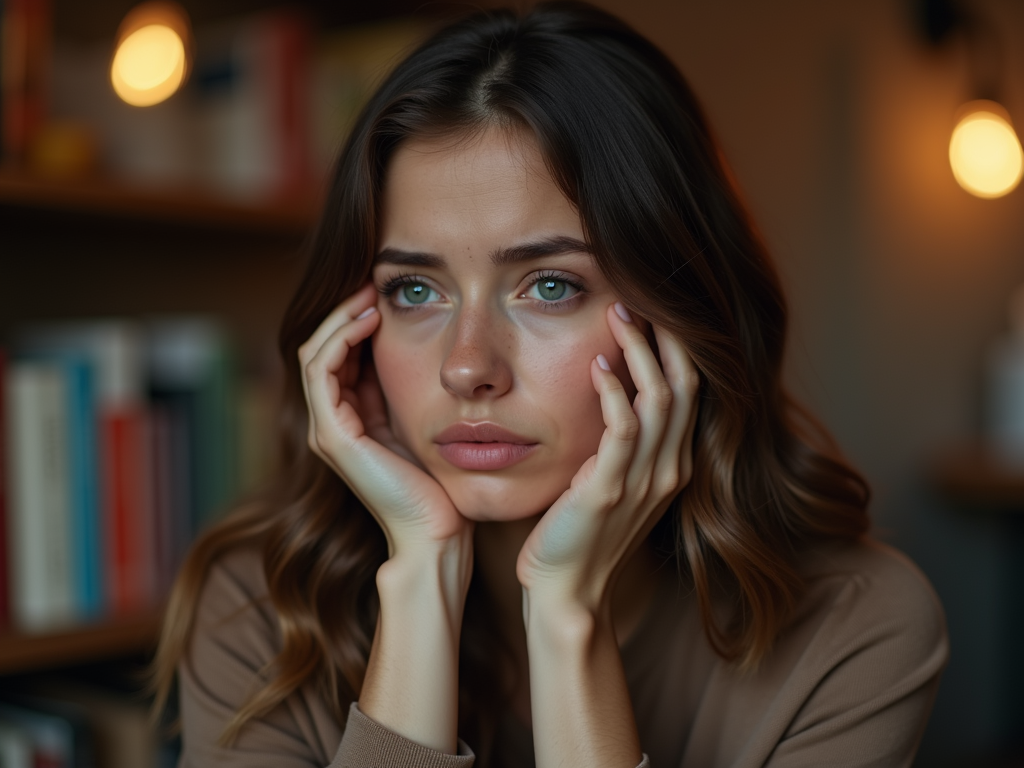 Молодая женщина с серьезным выражением лица сидит в комнате с книгами.