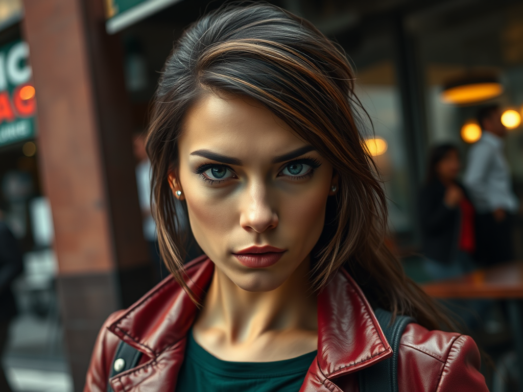 На изображении запечатлена девушка с piercing взглядом в красной куртке на фоне кафе.