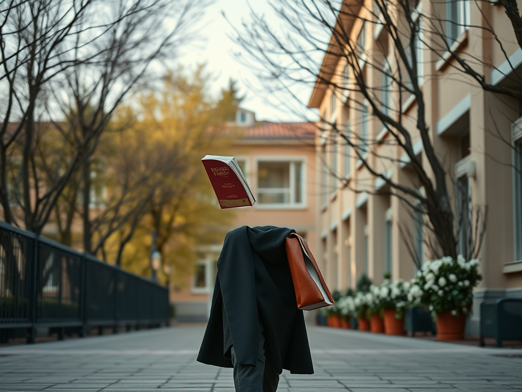 На пустой улице висит книга над курткой с сумкой; осенние деревья и здания создают спокойную атмосферу.