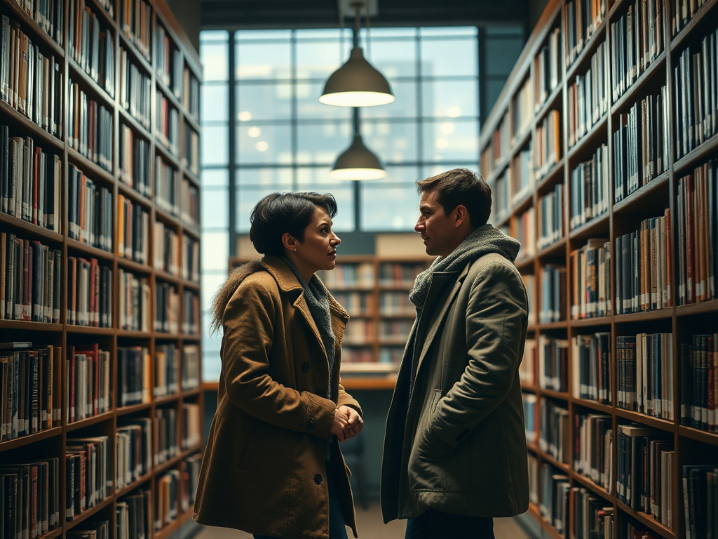 Два человека в библиотеке обсуждают что-то, стоя между стеллажами с книгами. Вокруг много книг.
