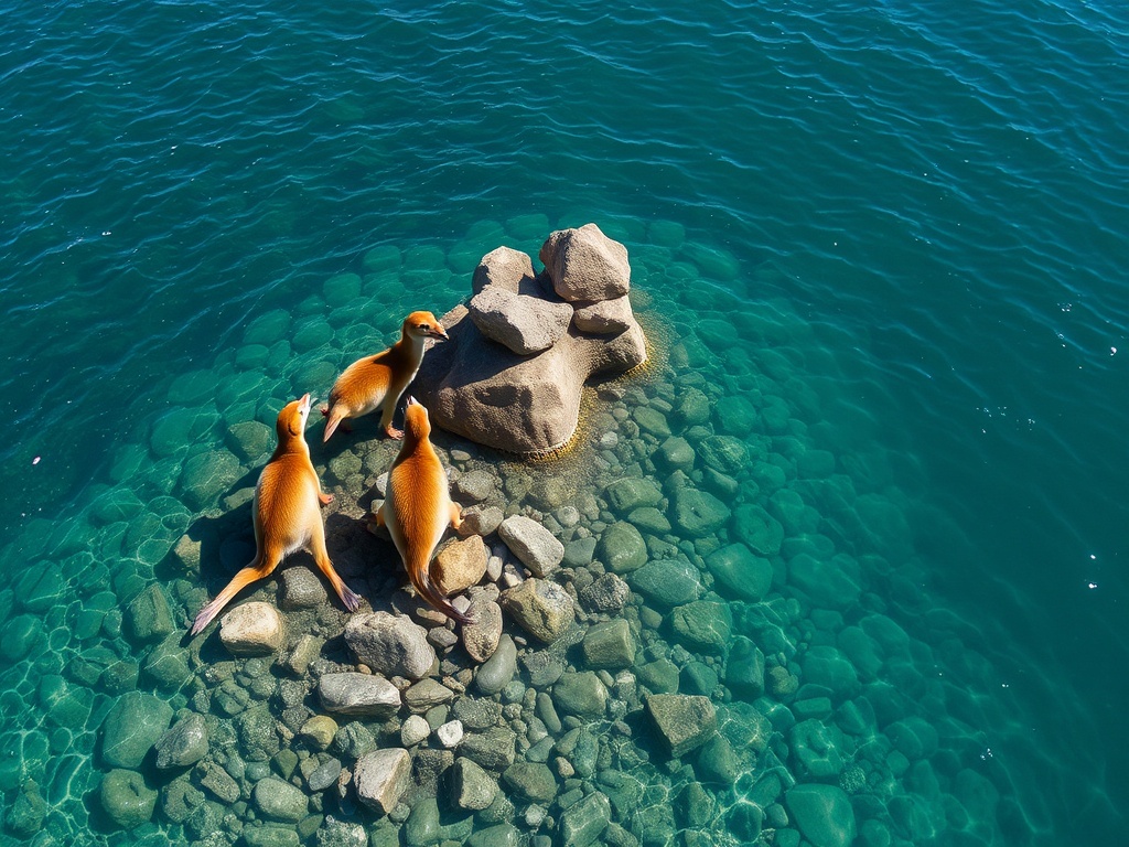 На камнях в прозрачной воде находятся три морских льва, наслаждаясь солнечным днем.