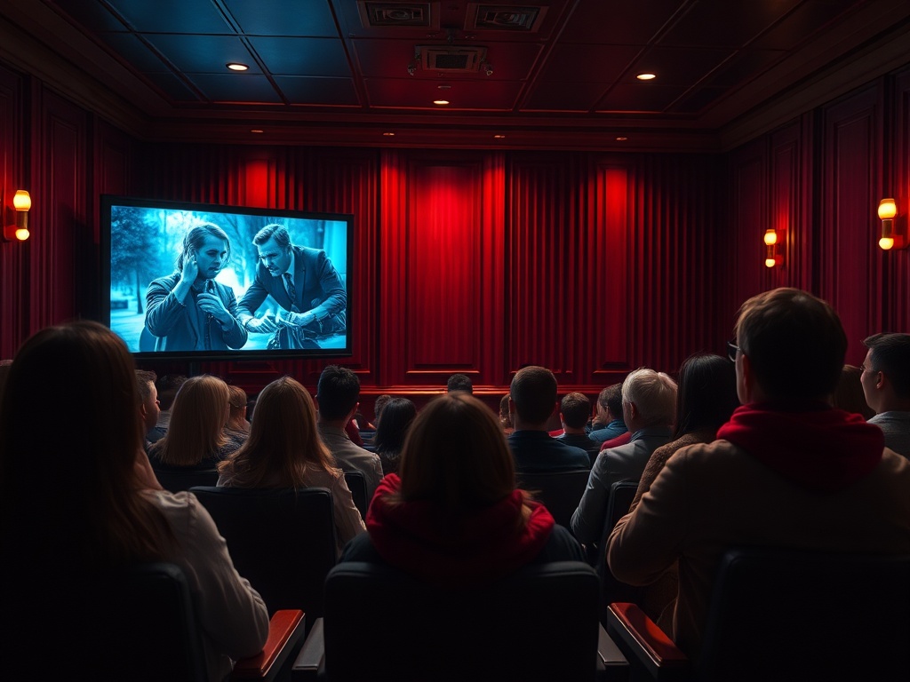 Как кино помогает нам понимать смерть Зрители в красном зале кинотеатра смотрят фильм на большом экране. Атмосфера уютная и напряженная.