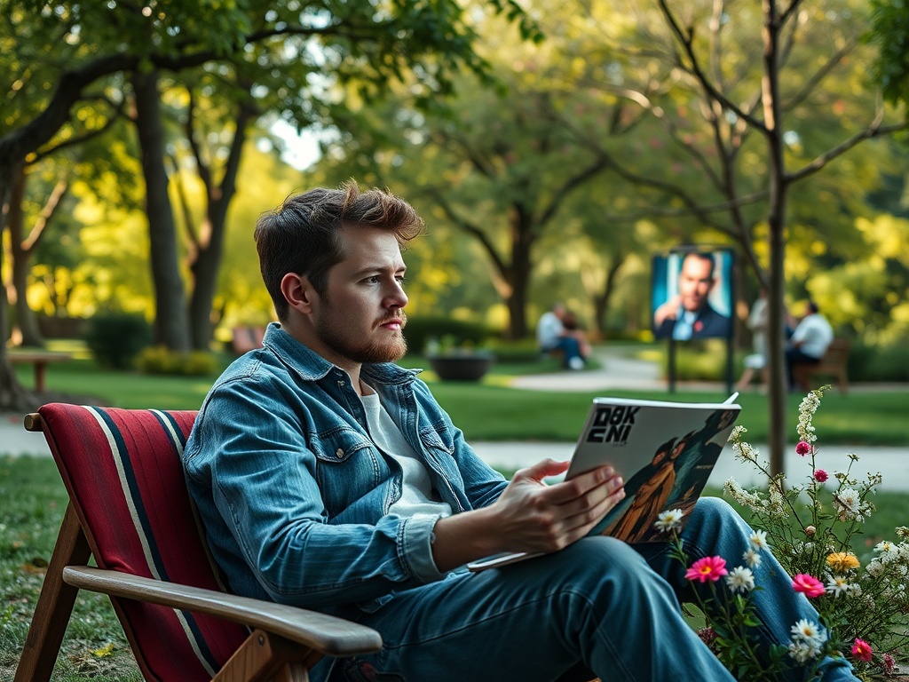 Парень читает журнал в парке, окруженном зелеными деревьями и цветами.