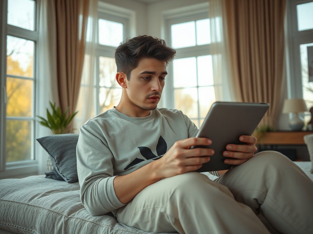 Как кино помогает нам понимать смерть Молодой человек сидит на диване и смотрит на планшет в светлой комнате с большими окнами.