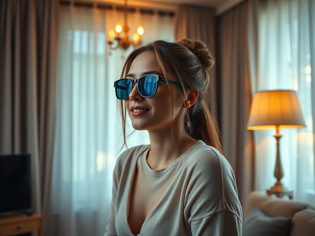 Молодая женщина в солнечных очках, улыбается, сидя в уютной комнате с мягким светом и шторами.