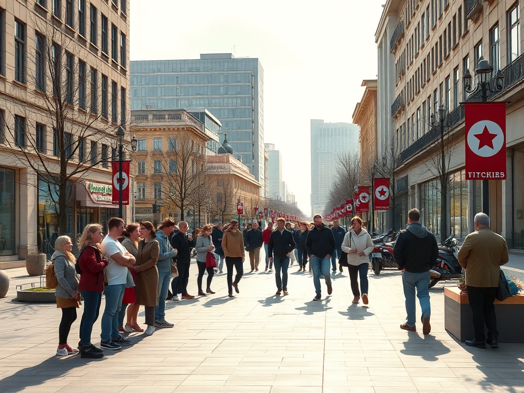 Набережная с людьми, магазинами и флагами, на солнце, в современном городском окружении.
