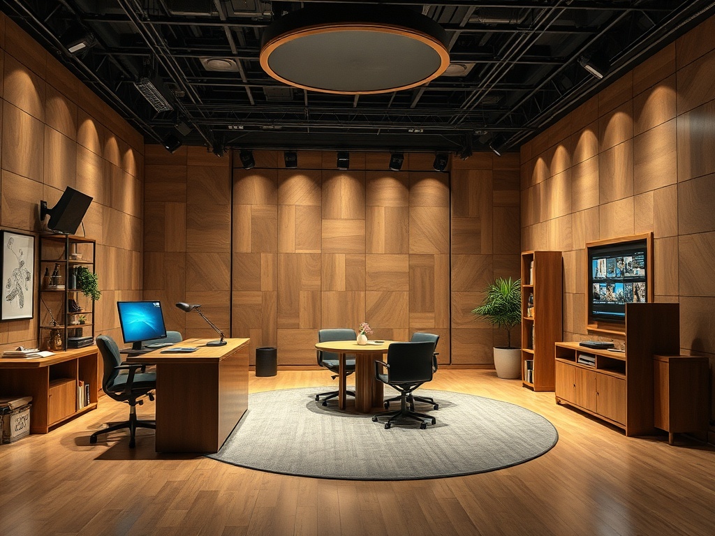 Современный офис с деревянными стенами, круглыми столами и различной мебелью для работы и отдыха.