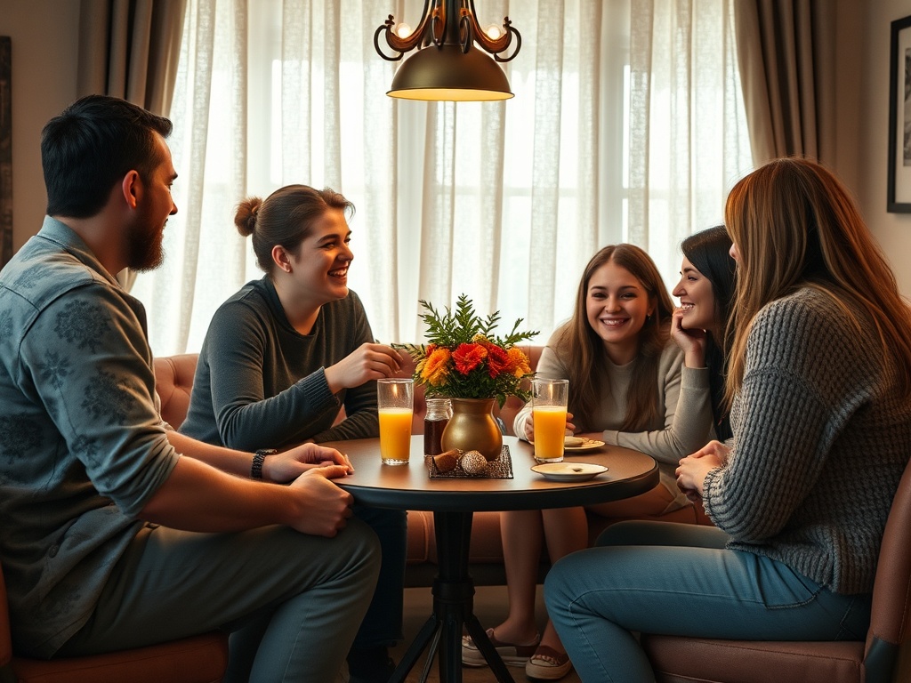 На изображении пятеро друзей общаются за столом, на котором стаканы с соком и цветы в вазе.