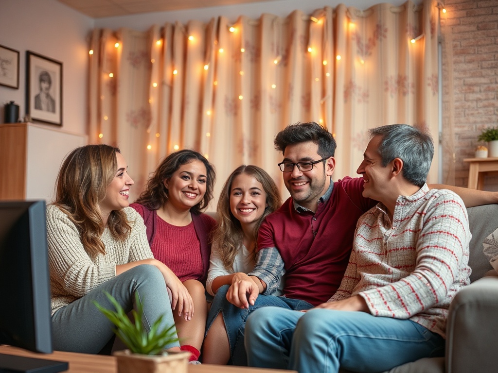 Группа друзей сидит на диване и смеется, обстановка уютная с огоньками на занавесках.