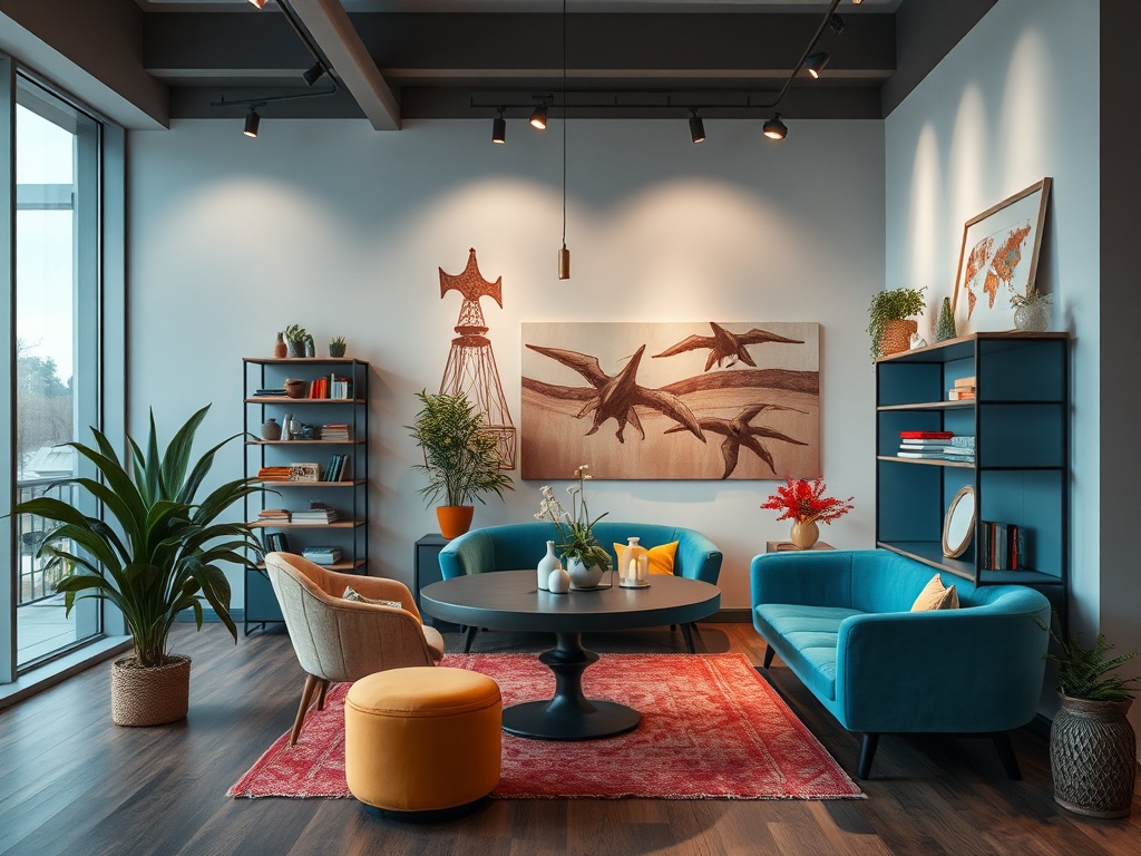 Современный интерьер с уютной мебелью, растениями и картинами на стенах в светлом пространстве.