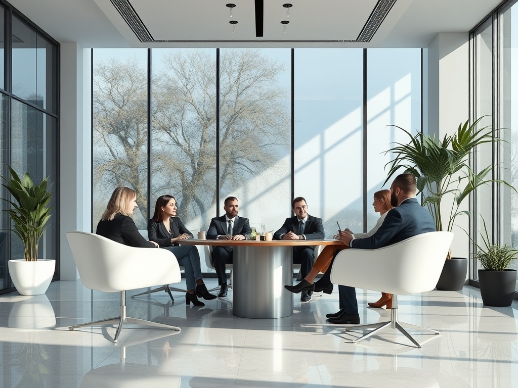 Лучшие триллеры всех времен: маркетинг и их влияние на зрительские предпочтения Группа профессионалов обсуждает идеи за столом в современном офисе с большими окнами и зелеными растениями.