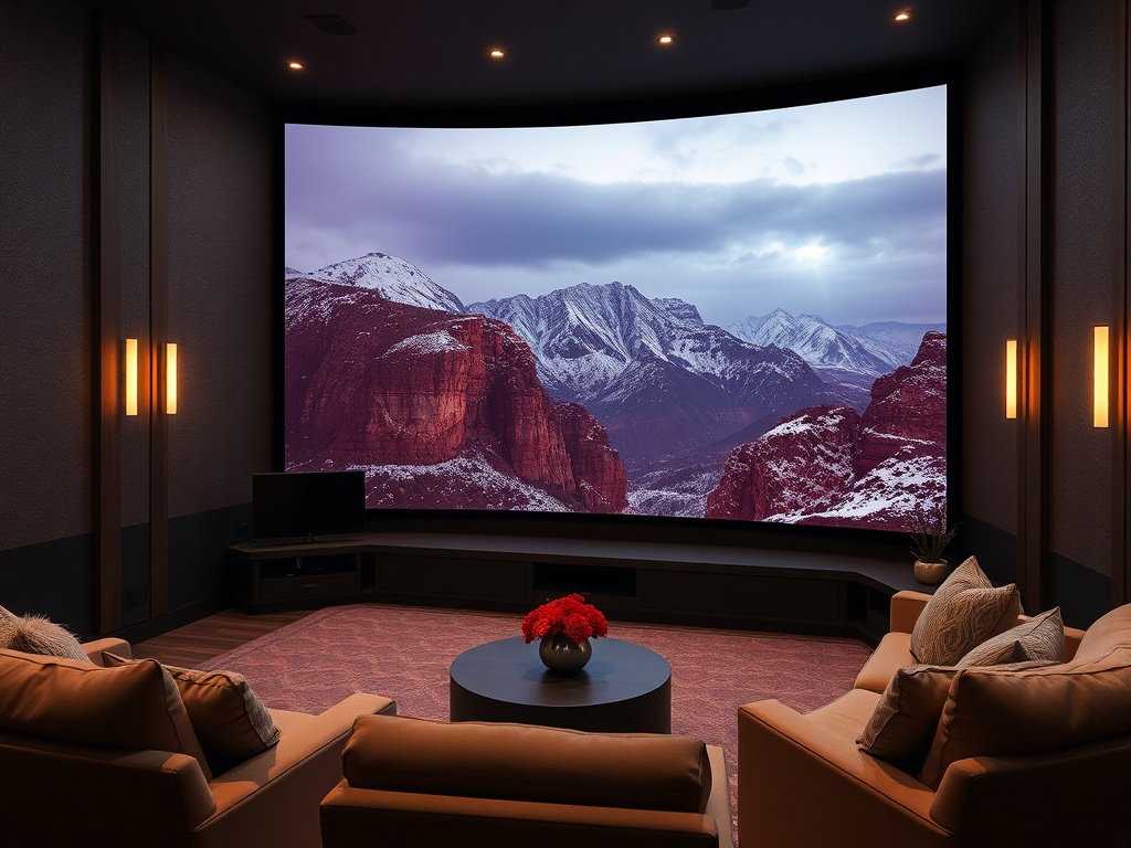 Современный кинотеатр с большим экраном, на котором изображены горы под облачным небом. Уютная обстановка.