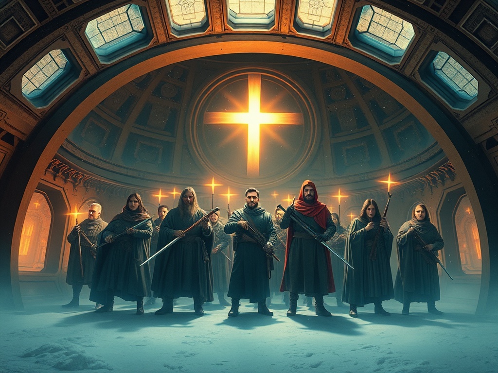 Группа людей в длинных одеждах с оружием стоит в окружении света в великолепном помещении.