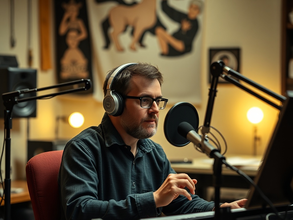 Мужчина в наушниках и с микрофоном записывает звук в студии, окружённый мягким светом и декором.