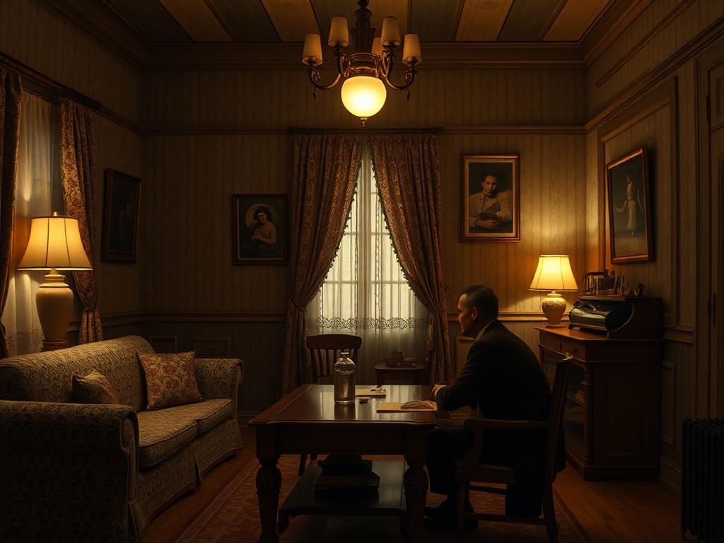 Темная комната с уютной мебелью, в центре мужчина, смотрящий в окно, окружен живописью на стенах.