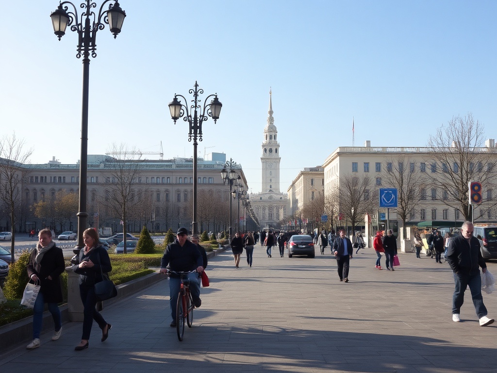 Пешеходная улица с людьми, велосипедистом и зданиями на фоне, ясная погода и яркое солнце.