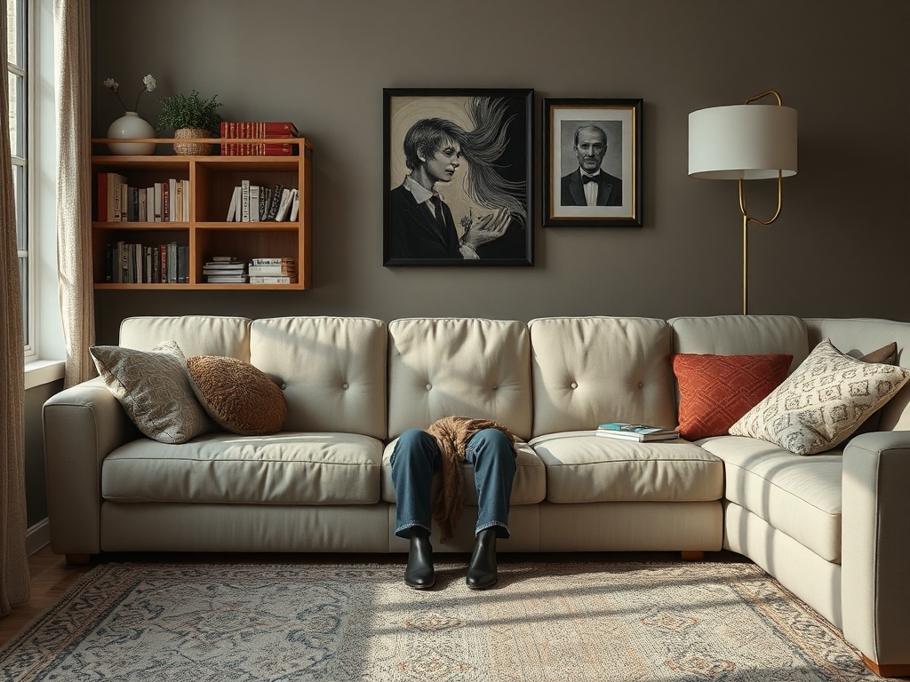 На диване в уютной комнате видны только ноги человека, сидящего с пледом и подушками. На стене картины.