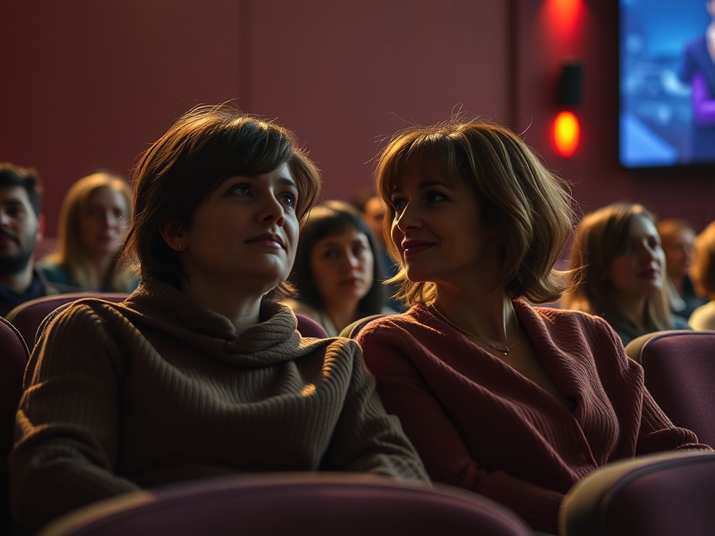 Лучшие триллеры всех времен: маркетинг и их влияние на зрительские предпочтения Две женщины смеются и общаются на фоне зрителей в зале театра. Светлая и уютная обстановка.
