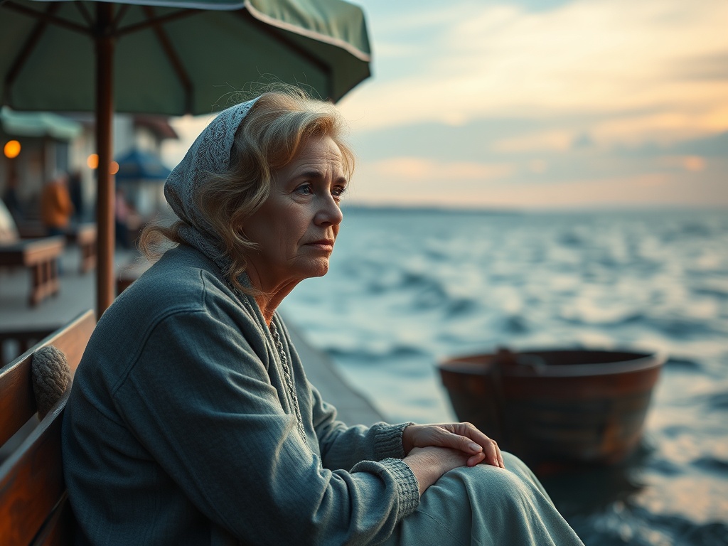 Пожилая женщина сидит на скамейке у берега, смотря на море и задумчиво отдыхая. Закат освещает сцену.