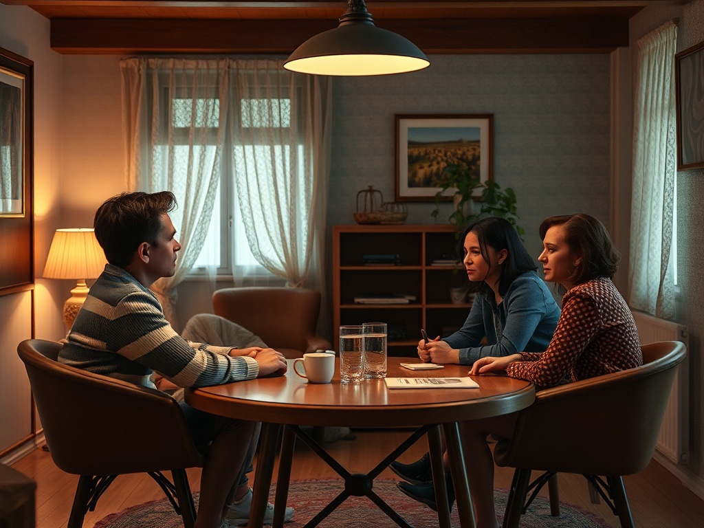 На фотосессии три человека сидят за круглым столом в уютной комнате, обсуждая что-то важное.