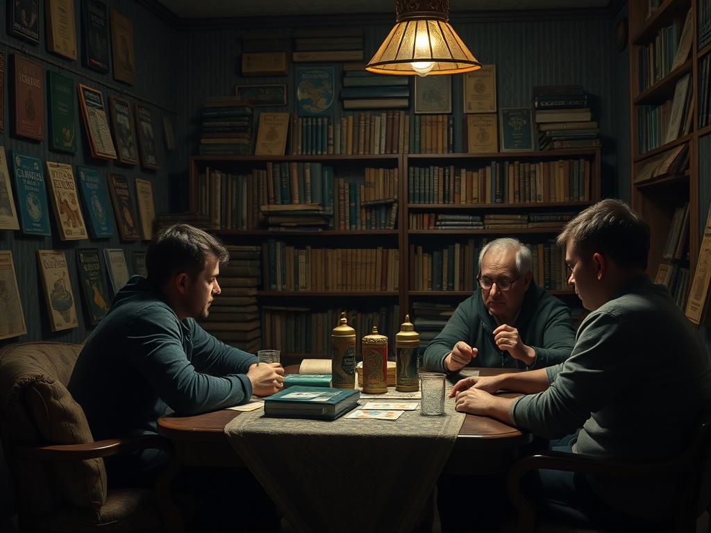 Фильмы про ограбления с нестандартным сценарием Трое людей сидят за столом в уютной библиотеке, играя в настольную игру при тусклом свете лампы.
