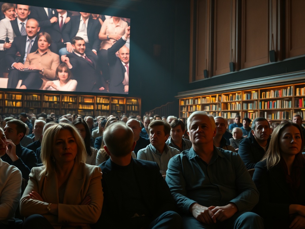 Маркетинг на Фильмы про разоблачение псевдорелигиозных движений Аудитория смотрит на экран с изображением людей, сидящих на сцене. В зале много зрителей.