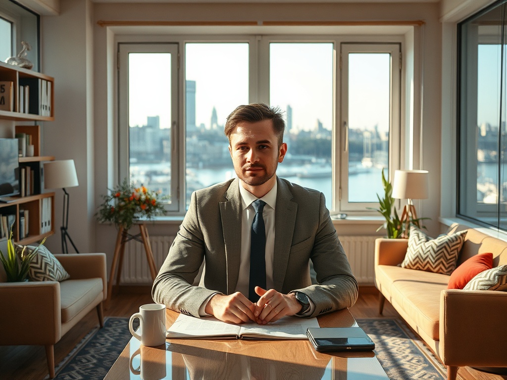 Мужчина в костюме сидит за столом в современном офисе с большими окнами и видом на город.