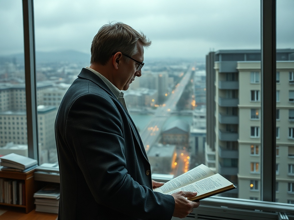 Маркетинг на Фильмы про разоблачение псевдорелигиозных движений Мужчина в очках читает книгу, стоя у окна с видом на город в облачный день.