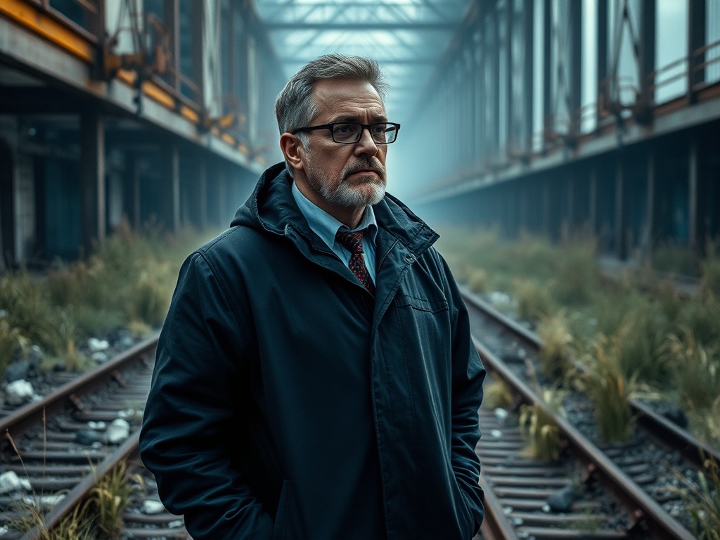 Фильмы про ограбления с нестандартным сценарием На заброшенной железнодорожной станции стоит мужчина в очках, одетый в тёмное пальто, окружённый туманом.