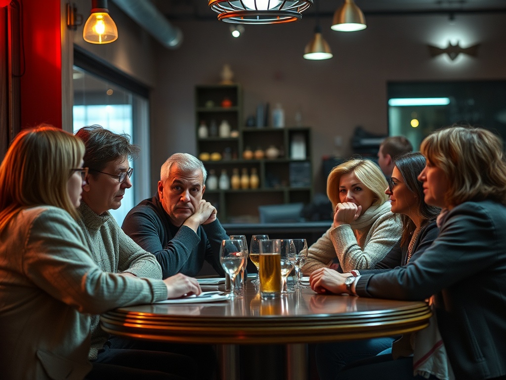 Сериалы про дорогу, ведущую к правде: погружение в мир истиной Группа людей обсуждает что-то важное за столом в уютном кафе. Атмосфера напряжённая и сосредоточенная.