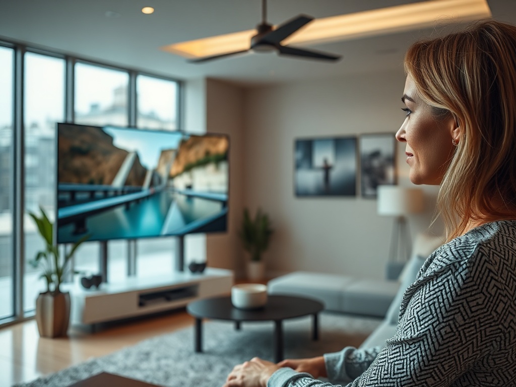 Маркетинг на филмах про жизнь ради чужого одобрения Женщина смотрит на большой телевизор в стильной гостиной с панорамными окнами и современным интерьером.