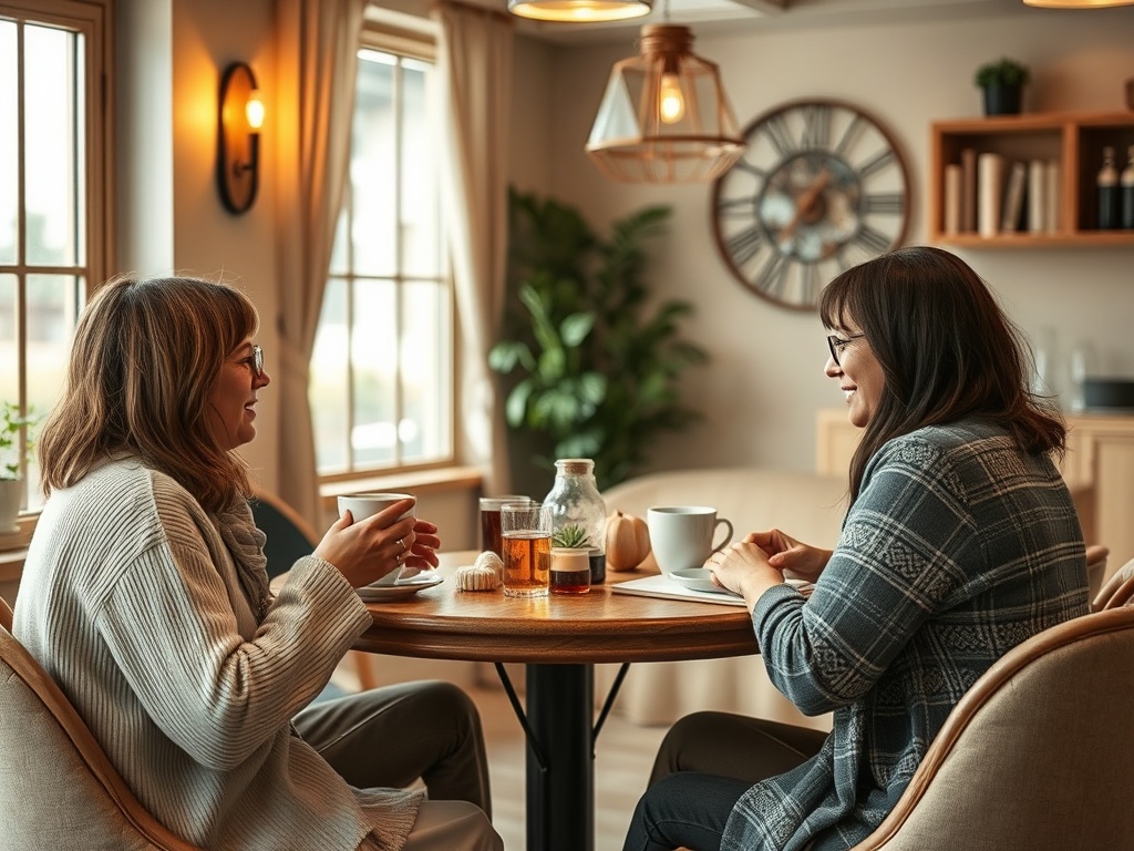 Маркетинг на Фильмы про кризис смыслов Две женщины беседуют за столом, наслаждаясь чаем и сладостями в уютном кафе.
