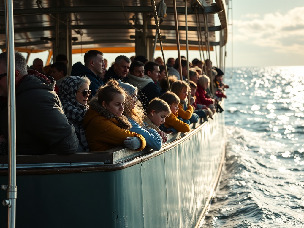 На лодке много людей, они смотрят на воду, солнце светит, создавая красивый вид.