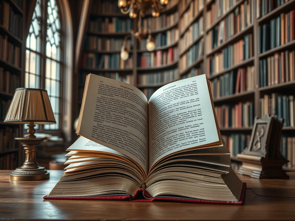 Почему зрители любят детективы Открытая книга на столе в библиотеке с книжными полками и настольной лампой. Спокойная атмосфера учёбы.