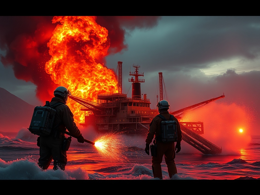 На фоне огненного взрыва два человека наблюдают за работающим буровым судном на море.