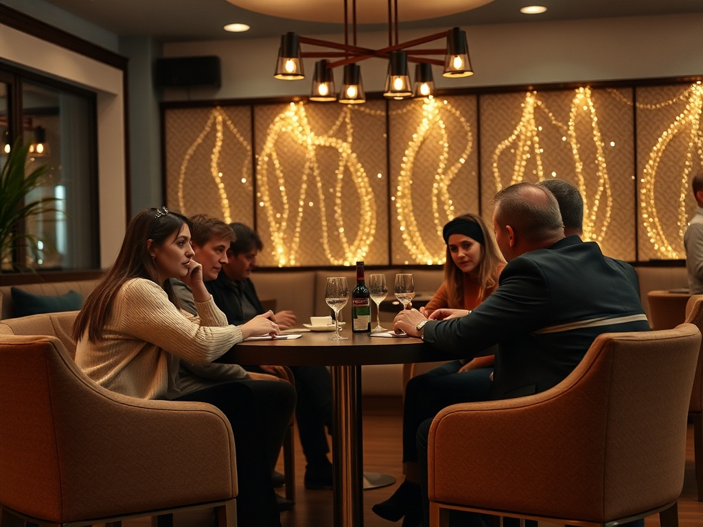 Почему зрители любят детективы Группа людей за столом в ресторане, обсуждают что-то, вокруг уютная атмосфера с мягким освещением.