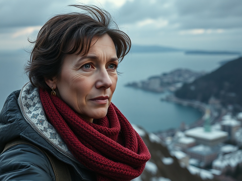 Как создаются персонажи-злодеи Женщина на фоне гор и водоёмов, на ней тёплая одежда и шарф, выражение лица задумчивое.