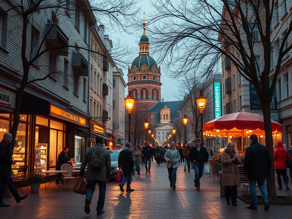 Улица с людьми, магазинами и ярко освещенной церковью на фоне вечернего неба. Атмосфера оживленного города.