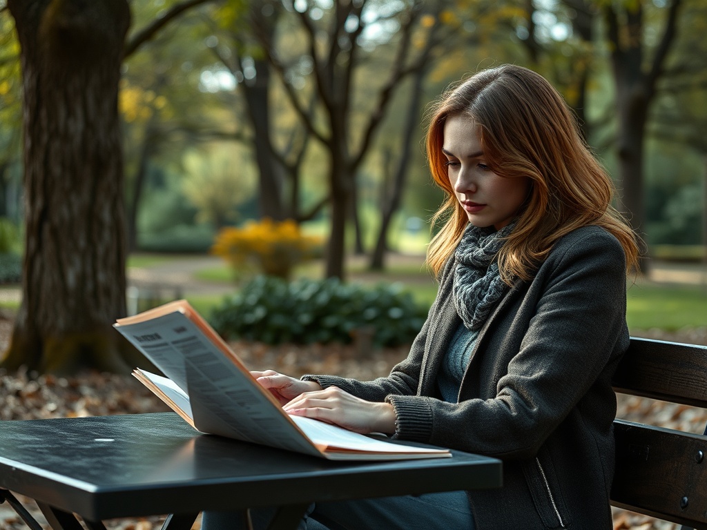 Как собирать семантику под сериалы Девушка с длинными волосами читает меню в парке, сидя за столиком в окружении зелени и деревьев.