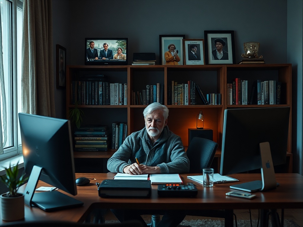 Старший мужчина сидит за столом в офисе, окружённый книгами и работой на компьютерах. На экране телевидения новости.