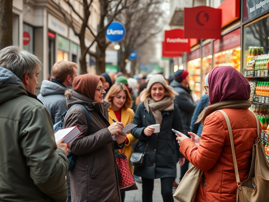 Группа людей на улице обсуждает покупки у витрины магазина с продуктами. Зима, прохлада, улыбки.