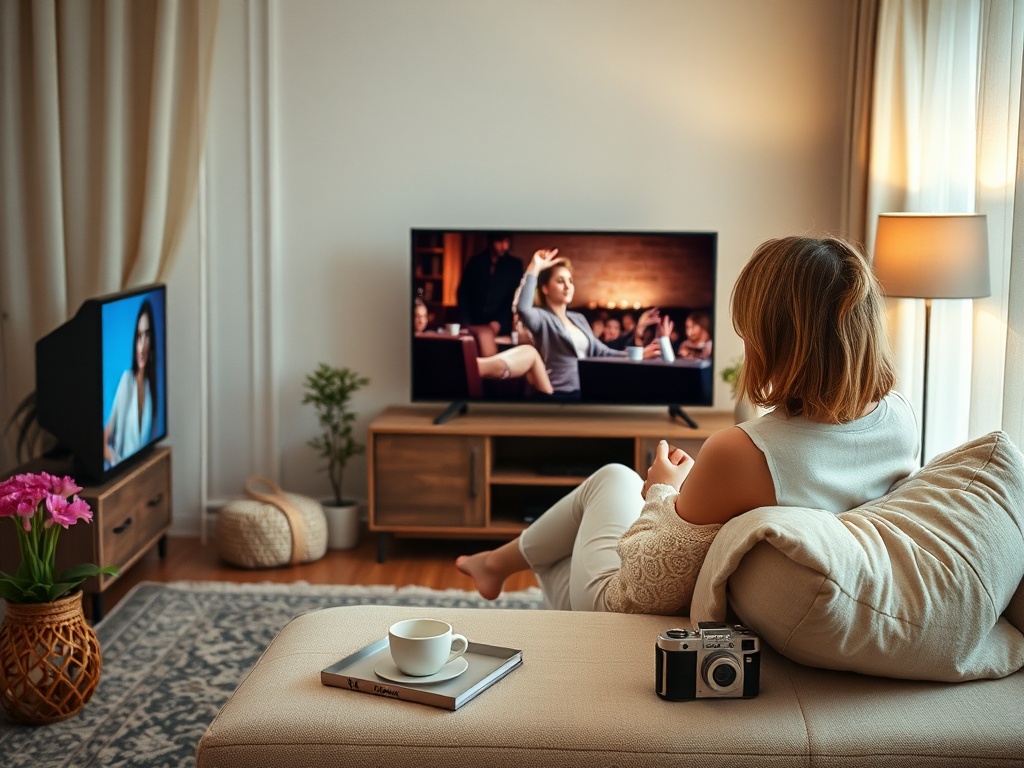 Сериалы без затянутого сюжета Женщина смотрит телевизор в уютной комнате с кофе и фотографией на диване. Рядом цветы и другая техника.