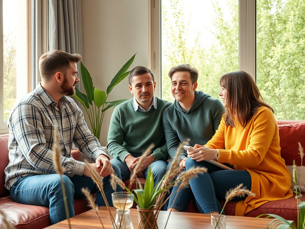 На диване сидят четверо друзей, улыбаясь и общаясь, окруженные зеленью и мягким светом.
