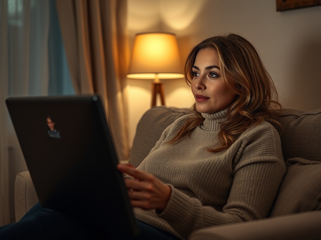 Женщина сидит на диване, смотрит в ноутбук, светит лампа, теплый и уютный вечер.