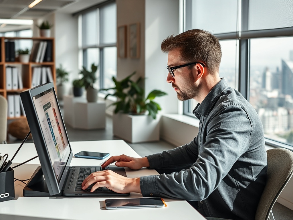 Как собирать семантику под сериалы Мужчина в очках работает за компьютером в современном офисе с зелеными растениями и городским видом.