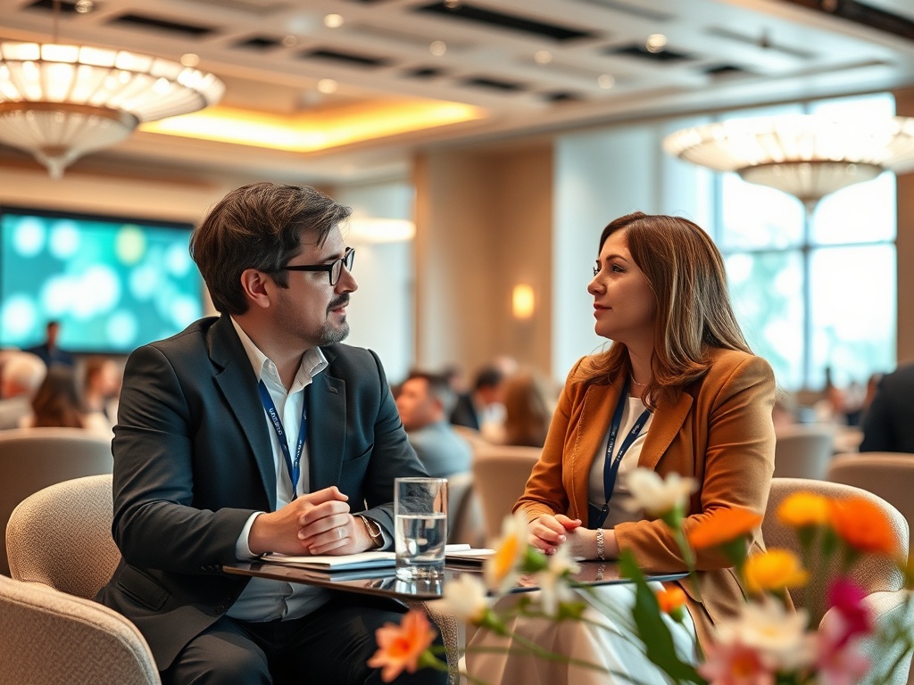 Маркетинг на фильмах как Два человека обсуждают что-то важное на конференции, цветы на столе придают уют обстановке.