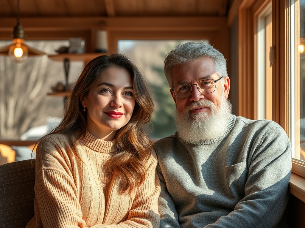 Как создаются персонажи-злодеи На изображении пожилой мужчина и молодая женщина улыбаются, сидя рядом у окна в уютном помещении.