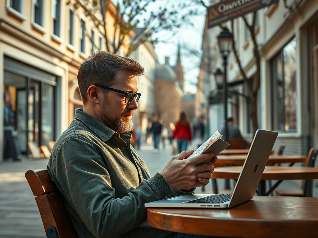 Сериалы без затянутого сюжета Мужчина с бородой сидит за столом на улице, читая книгу и работая на ноутбуке. Осень, городская атмосфера.