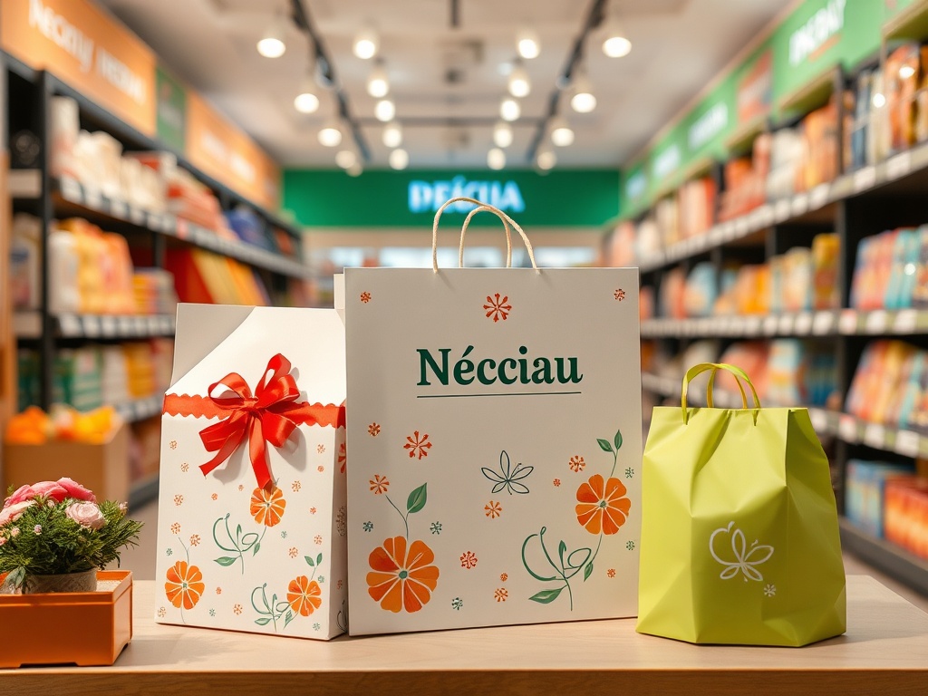 Три подарочные сумки на прилавке магазина, окруженные яркими товарами на полках.